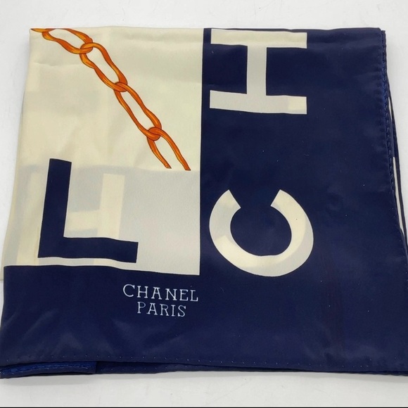 Chanel Navy White Mademoiselle Gripoix Silk Scarf - Picture 4 of 16